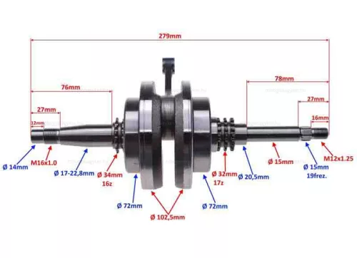 Főtengely 4T HONDA 125 SH 2001-2012 4T, 125 DYLAN, 125 NES@, 125 PANTHEON, 125 PS, 125 SWING 14-es csapszeges
